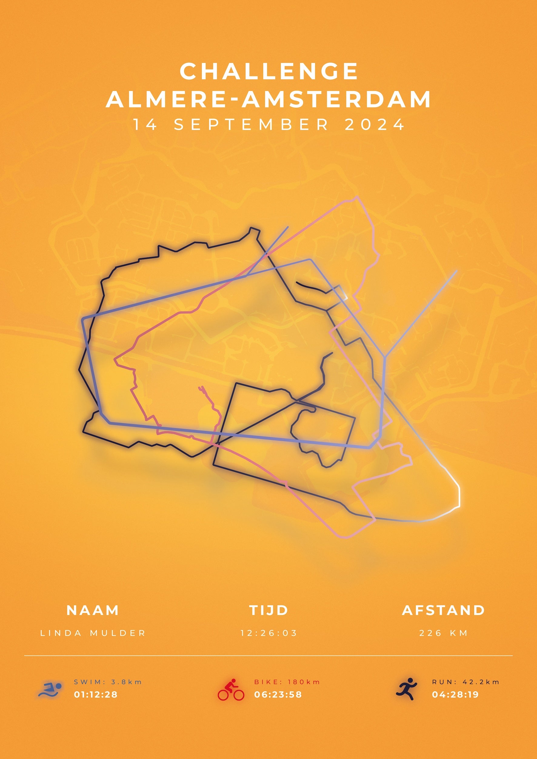 Poster met naam I Challenge Almere-Amsterdam 2024 I Modern Citymap