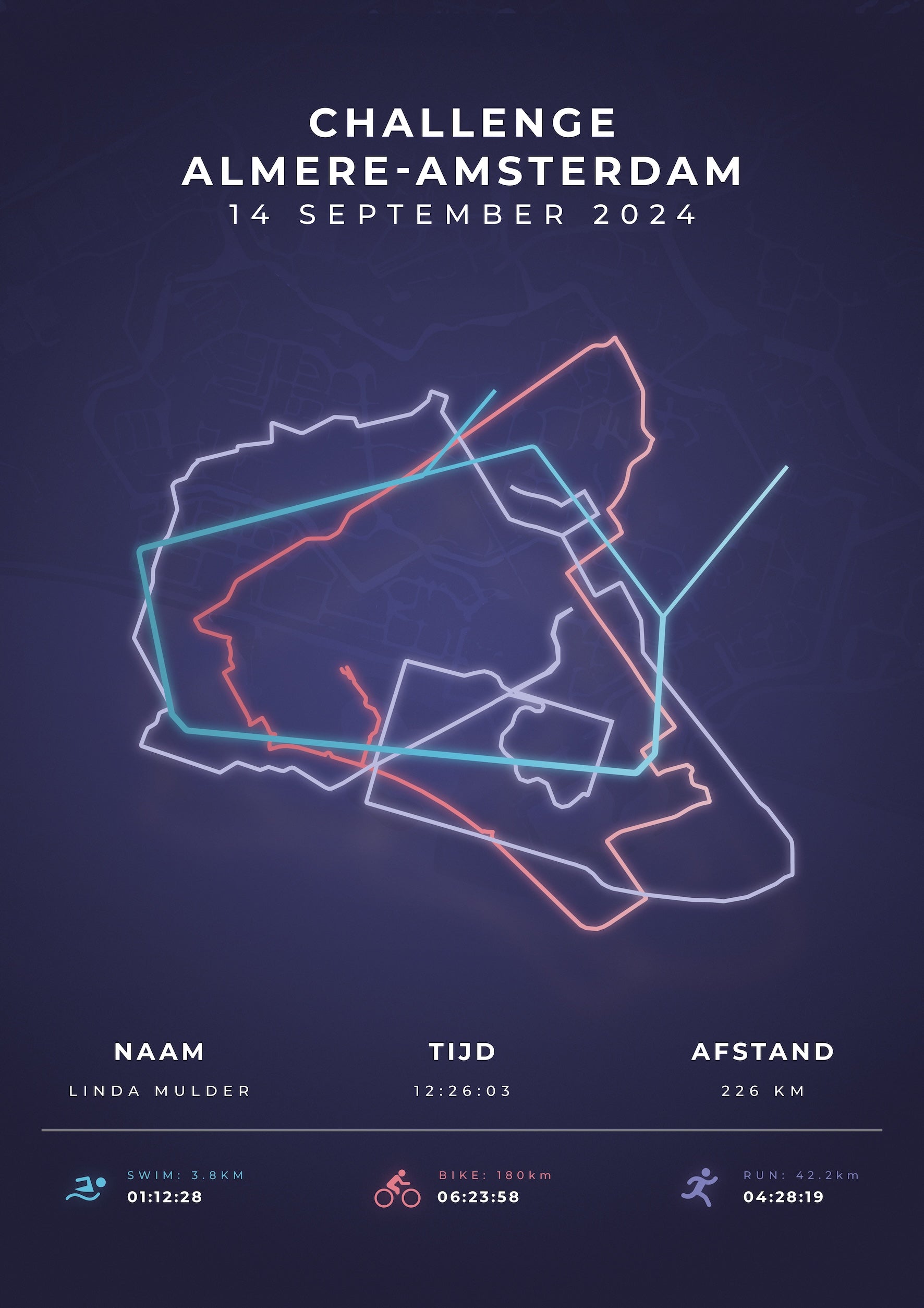 Poster met naam I Challenge Almere-Amsterdam 2024 I Modern Citymap