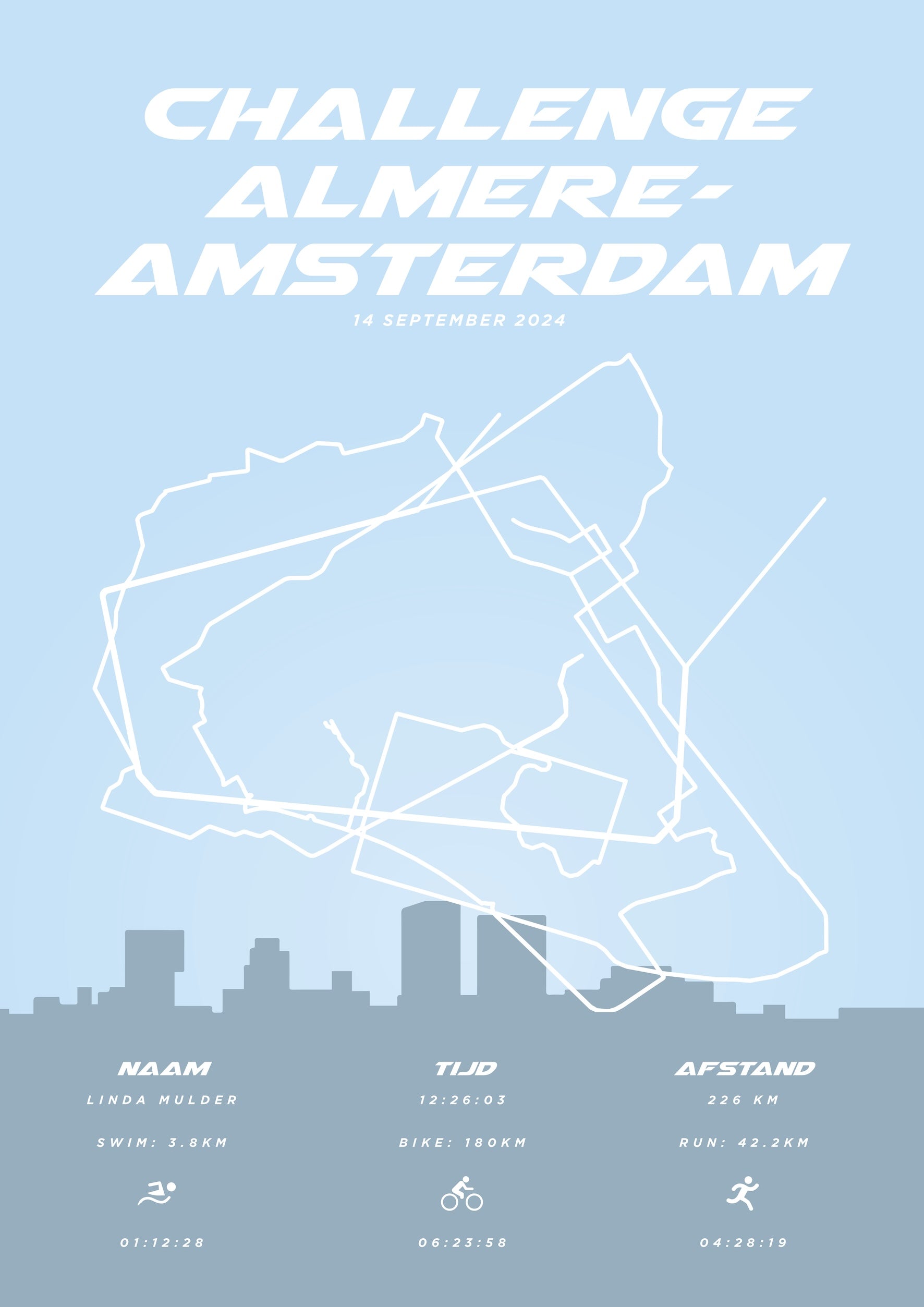 Poster met naam I Challenge Almere-Amsterdam 2024 I Pastel Skyline