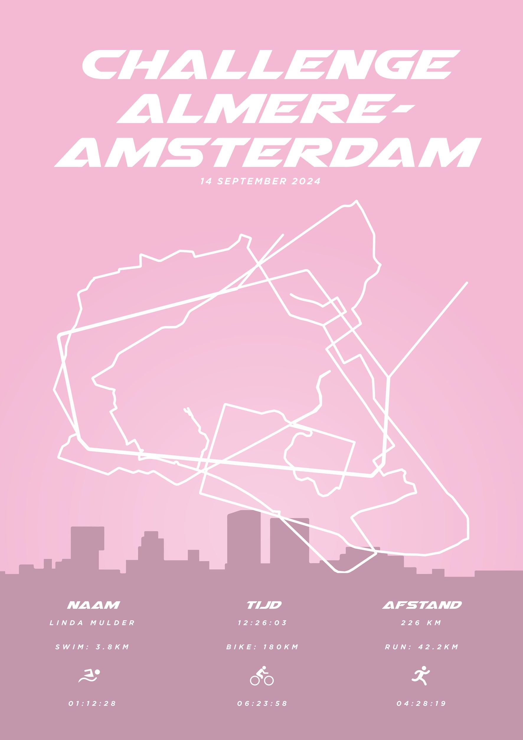 Poster met naam I Challenge Almere-Amsterdam 2024 I Pastel Skyline